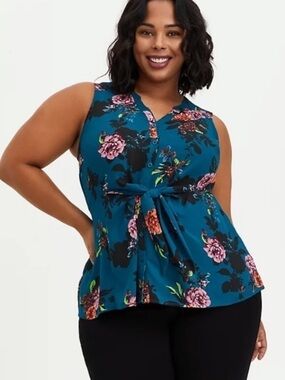 Torrid Teal Floral Tie-Front Sleeveless Top